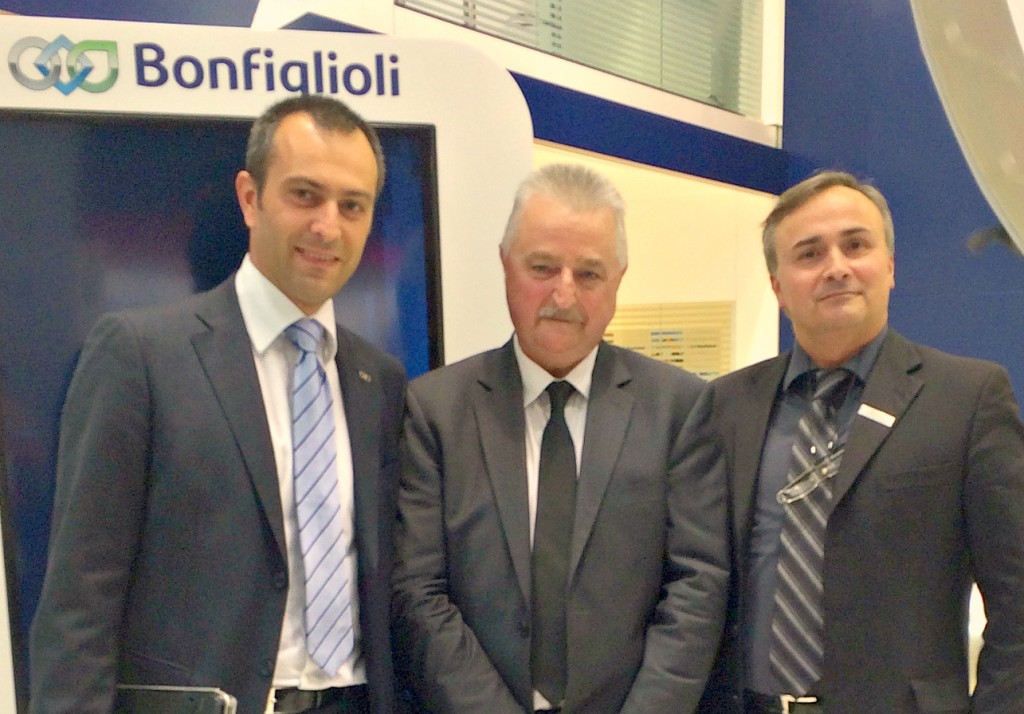Bonfiglioli's Marco Bonivento (Regional Sales Manager Distribution) and Carlo Rondelli (Group Sales Manager Bologna Head Office) flank All Torque's Craig Mighell